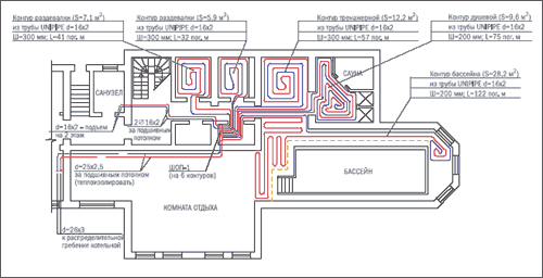 Схема 5. Укладка отопительных контуров цокольного этажа